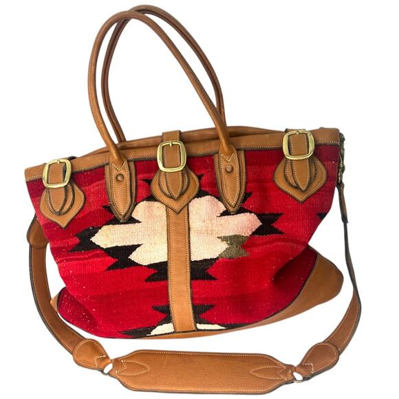 Large Artisan Wool Kilim Rug Leather Native Western Tote Overnight Market Bag - Picture 2 of 10